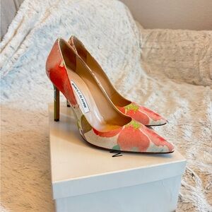 Manolo Blahnik Coral and Green Floral Heels